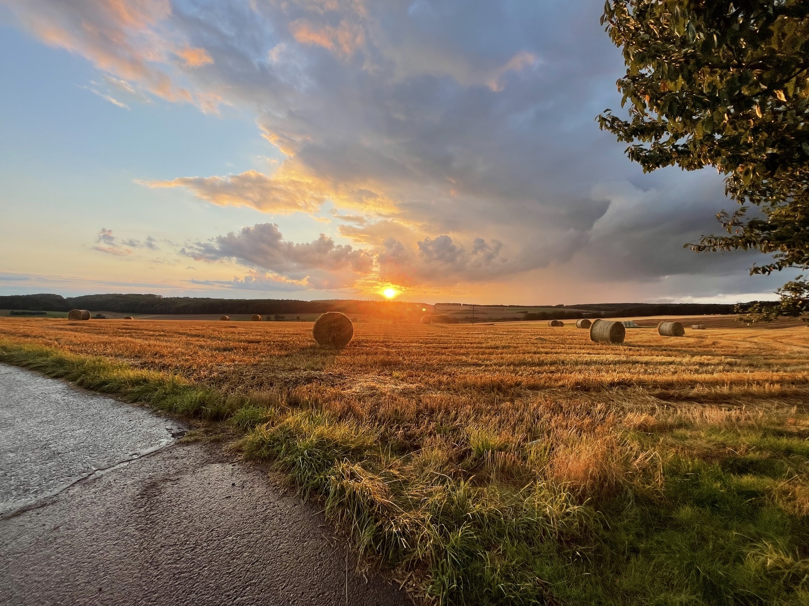 Feld mit Strohballen zwischen den Ortsgemeinden Mannebach und Kümmern -  Naturaufnahme während Sonnenuntergang