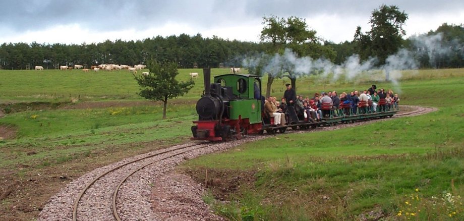 Die vollbesetzte Feldbahn auf dem Gelände des Hofguts Serrig bei einer Rundfahrt